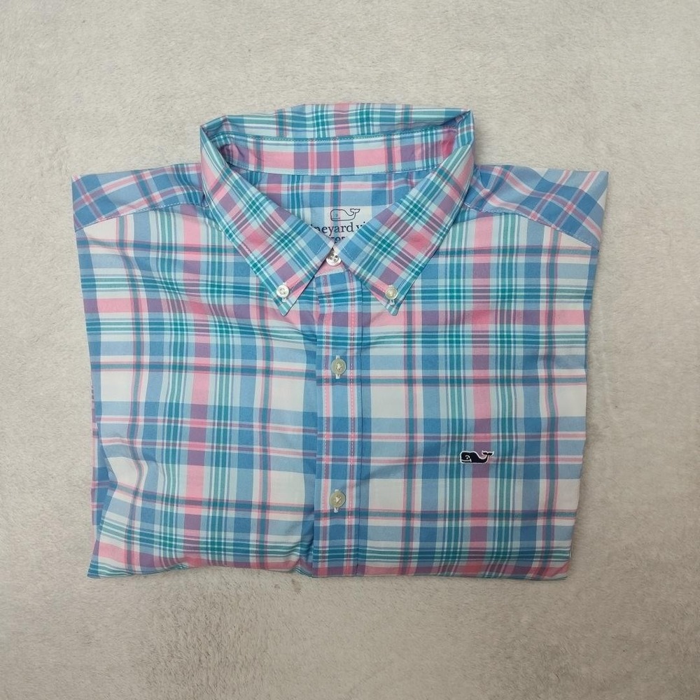 Vineyard Vines Shirt Mens L Blue Pink Plaid Performance Button-Up Classic Nylon